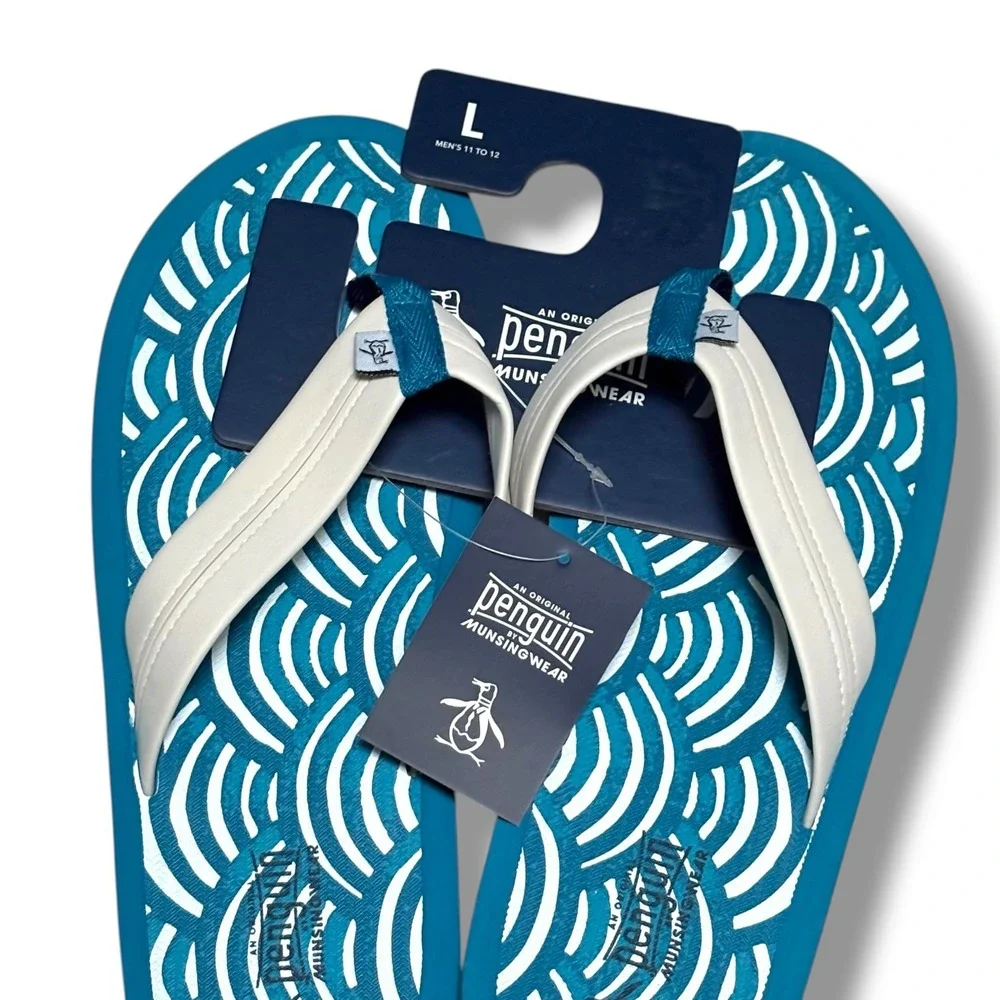 Original Penguin Mens Flip Flops Teal Blue‎ White Wave Pattern Size L 11-12 NEW